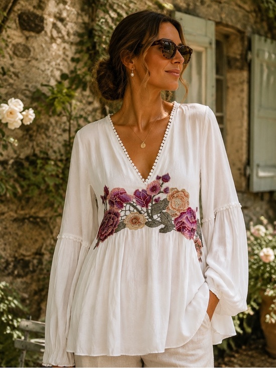 Max Studio Tops - MAX STUDIO White Bohemian Embroidered Blouse, S
